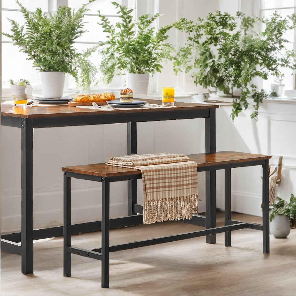 Industrial Dining Bench Set of 2, Steel Frame with Wood Top, Space-Saving Kitchen & Living Room Seating, Rustic Brown and Black