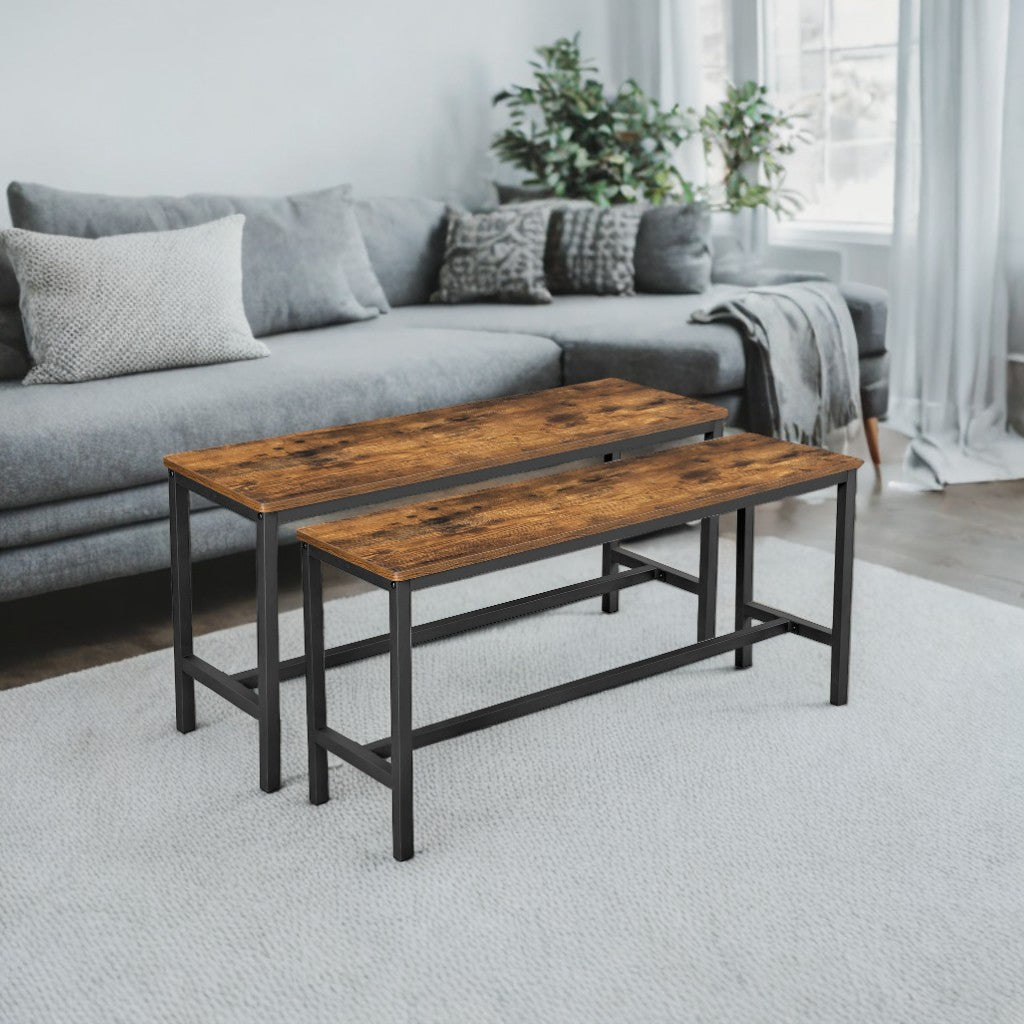 Industrial Dining Bench Set of 2, Steel Frame with Wood Top, Space-Saving Kitchen & Living Room Seating, Rustic Brown and Black