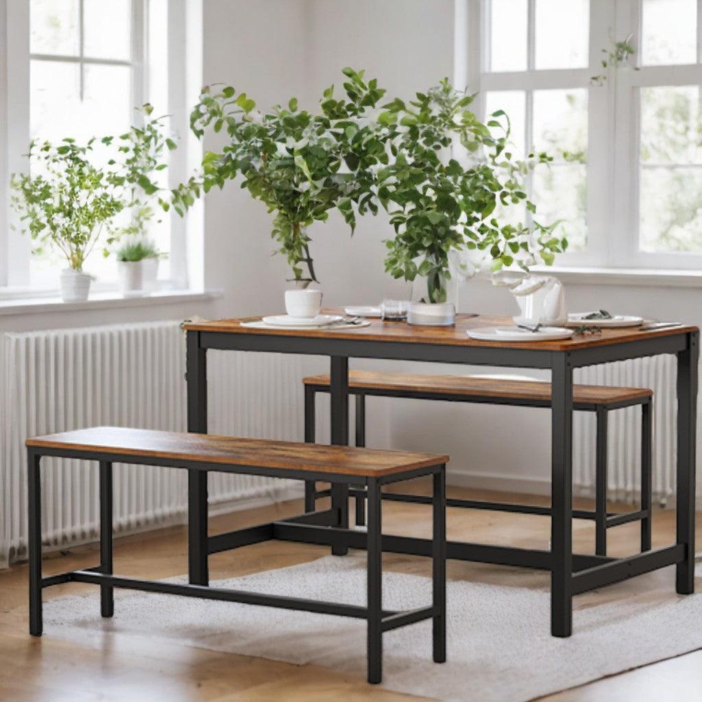 Industrial Dining Bench Set of 2, Steel Frame with Wood Top, Space-Saving Kitchen & Living Room Seating, Rustic Brown and Black