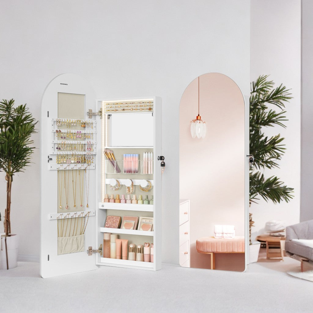 Wall-Mounted LED Jewelry Cabinet with Arched Mirror, Lockable Storage Organizer, Interior Vanity Mirror, Space-Saving Design, Cloud White