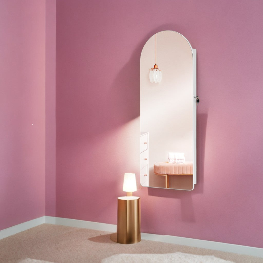 Wall-Mounted LED Jewelry Cabinet with Arched Mirror, Lockable Storage Organizer, Interior Vanity Mirror, Space-Saving Design, Cloud White