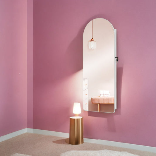 Wall-Mounted LED Jewelry Cabinet with Arched Mirror, Lockable Storage Organizer, Interior Vanity Mirror, Space-Saving Design, Cloud White