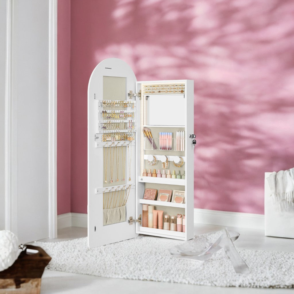 Wall-Mounted LED Jewelry Cabinet with Arched Mirror, Lockable Storage Organizer, Interior Vanity Mirror, Space-Saving Design, Cloud White