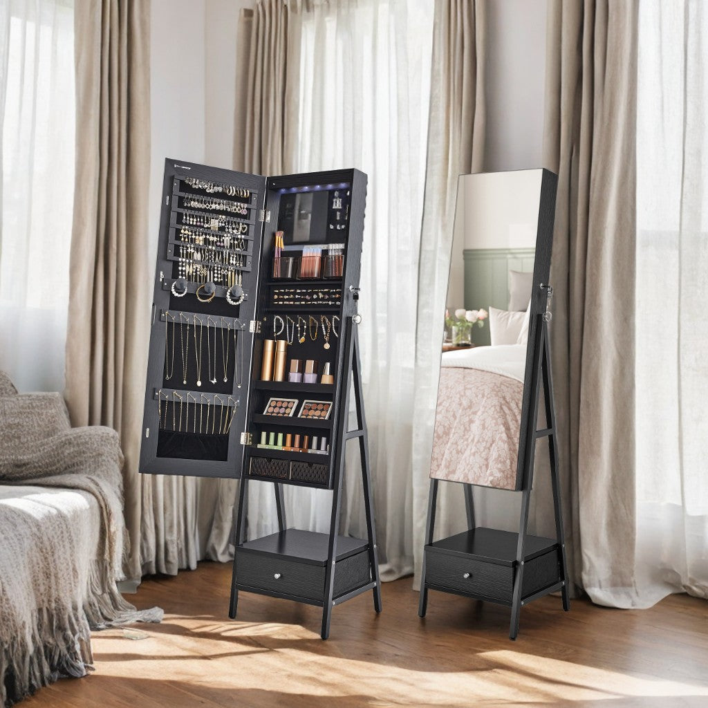 LED Mirror Jewelry Cabinet - Full-Length Standing Armoire with 150+ Storage Slots, Lockable Drawers & Shelves, Space-Saving Design, Ink Black