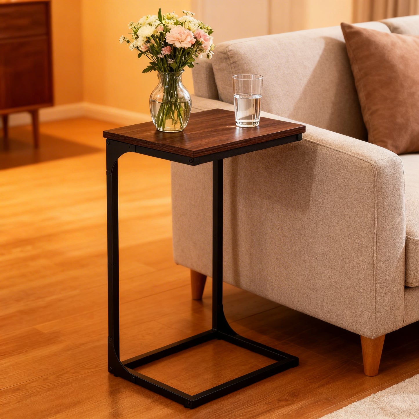 C-Shaped End Table for Sofa, Side Table with Metal Frame & Adjustable Feet, Small TV Tray for Living Room, Bedroom, 15.7 x 26.3 x 11.8 Inches, Chestnut Brown and Black