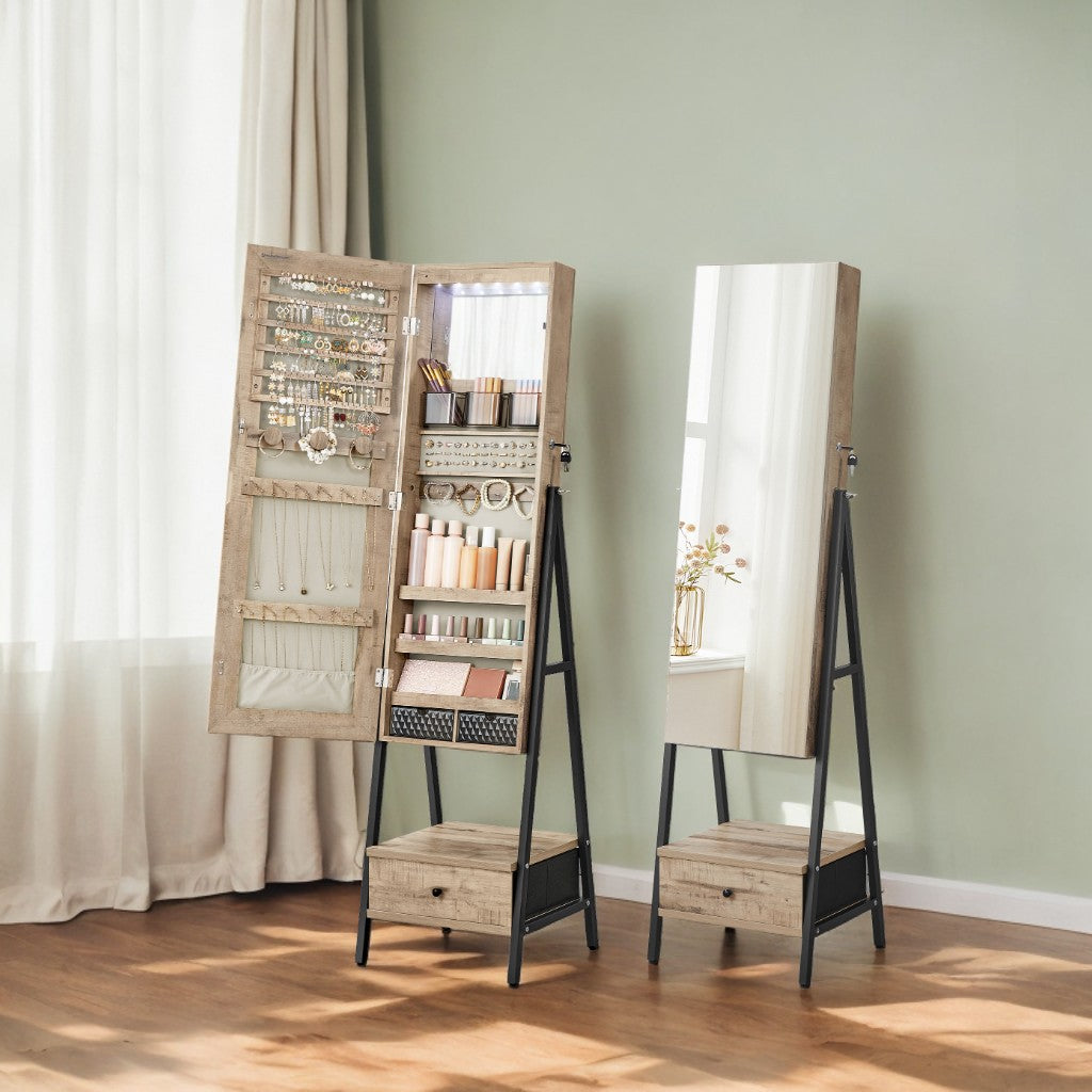 Full-Length LED Mirror Jewelry Cabinet - Standing Armoire Organizer with 200+ Storage Slots, Lockable Drawers, Toasted Oak Color