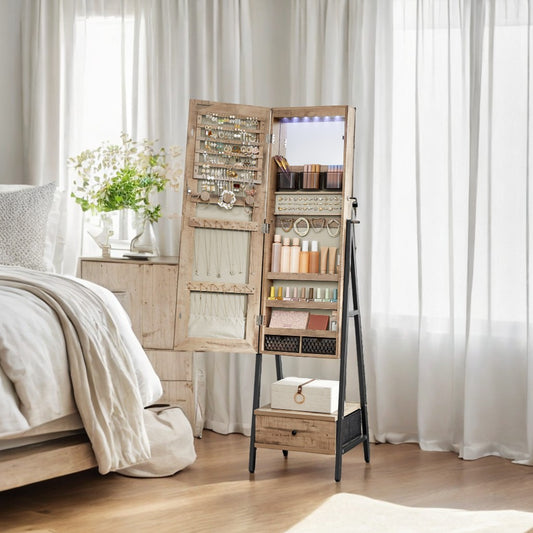 Full-Length LED Mirror Jewelry Cabinet - Standing Armoire Organizer with 200+ Storage Slots, Lockable Drawers, Toasted Oak Color