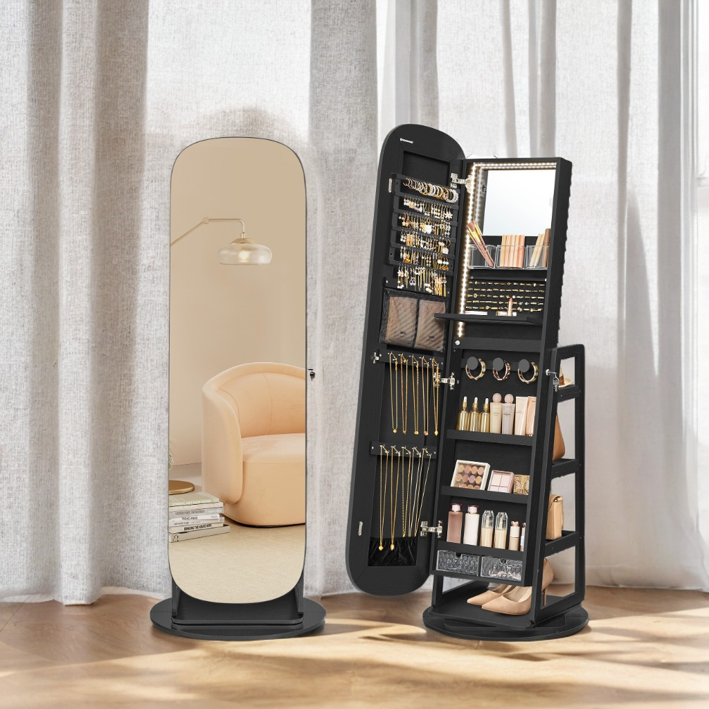 360° Swivel LED Jewelry Cabinet - Full-Length Mirror with 200+ Storage Slots, Lockable Drawers & Makeup Vanity, Ebony Black