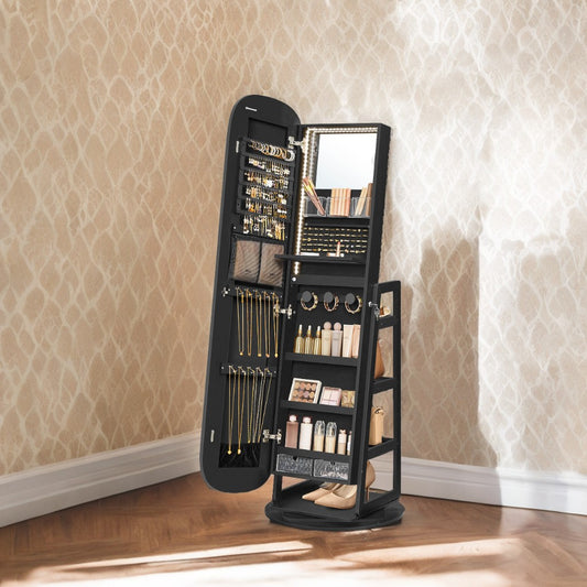 360° Swivel LED Jewelry Cabinet - Full-Length Mirror with 200+ Storage Slots, Lockable Drawers & Makeup Vanity, Ebony Black