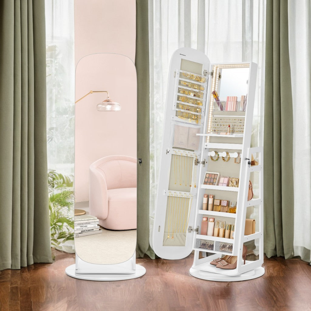 360° Swivel LED Jewelry Cabinet - Full-Length Mirror with 200+ Storage, Lockable Drawers & Makeup Vanity, Cloud White