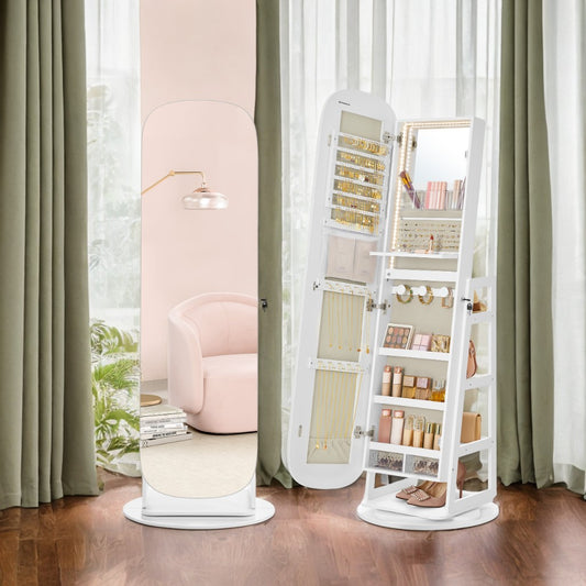 360° Swivel LED Jewelry Cabinet - Full-Length Mirror with 200+ Storage, Lockable Drawers & Makeup Vanity, Cloud White