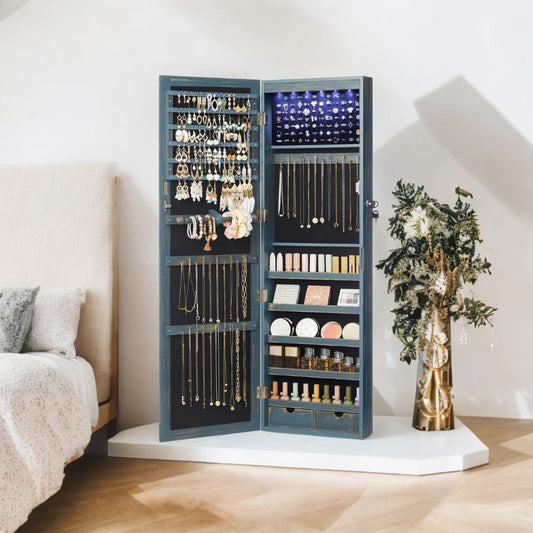 LED Jewelry Cabinet Organizer - 47" Wall/Door Mount Armoire with Full-Length Mirror, 200+ Storage Slots & 2 Drawers, Rustic Blue