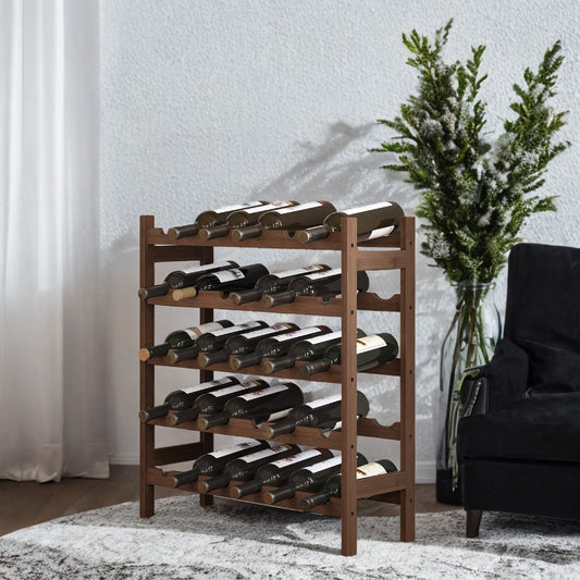 5-Tier Bamboo Wine Rack - 30-Bottle Capacity Freestanding Display with Wave Bars, Space-Saving Design, Anti-Tip Strap, Walnut