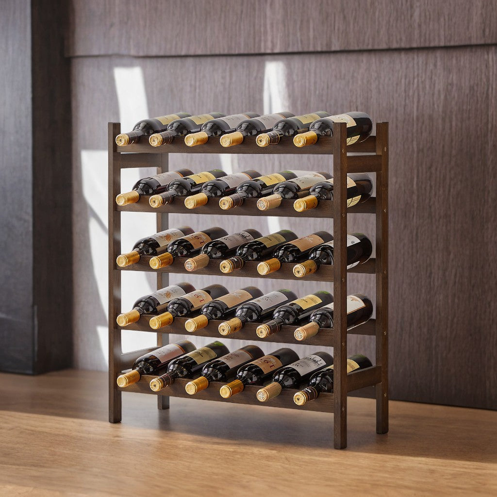 5-Tier Bamboo Wine Rack - 30-Bottle Capacity Freestanding Display with Wave Bars, Space-Saving Design, Anti-Tip Strap, Walnut