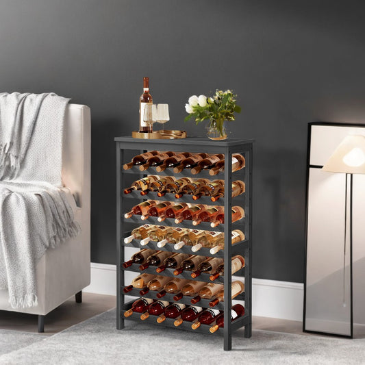 7-Tier Bamboo Wine Rack - 42-Bottle Capacity Freestanding Display with Table Top, Wobble-Free Design, Anti-Tip Kit, Ink Black