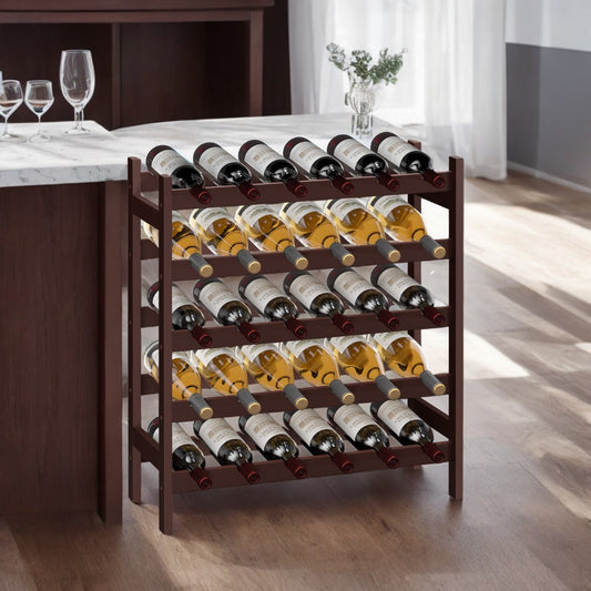 5-Tier Bamboo Wine Rack - 30-Bottle Freestanding Display with Wave Bars, Space-Saving Design, Anti-Tip Strap, Espresso