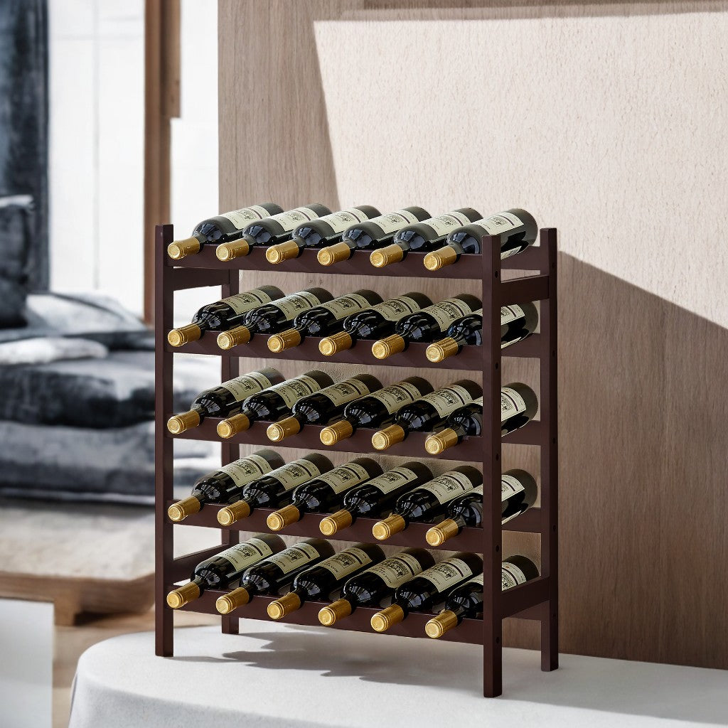 5-Tier Bamboo Wine Rack - 30-Bottle Freestanding Display with Wave Bars, Space-Saving Design, Anti-Tip Strap, Espresso