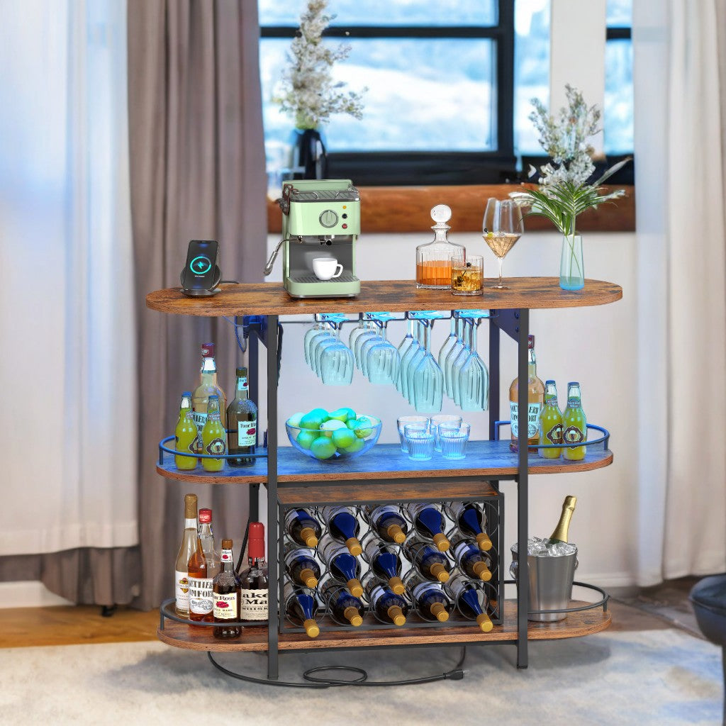 LED Bar Cabinet with Power Outlets - Freestanding Home Bar with Removable Wine Rack, Glass Holder & Adjustable Shelves, Rustic Brown