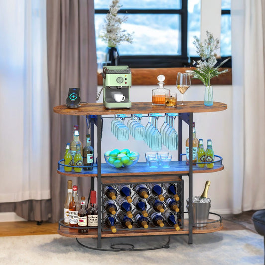 LED Bar Cabinet with Power Outlets - Freestanding Home Bar with Removable Wine Rack, Glass Holder & Adjustable Shelves, Rustic Brown