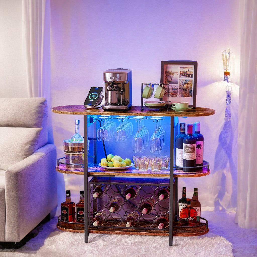 LED Bar Cabinet with Power Outlets - Freestanding Home Bar with Removable Wine Rack, Glass Holder & Adjustable Shelves, Rustic Brown