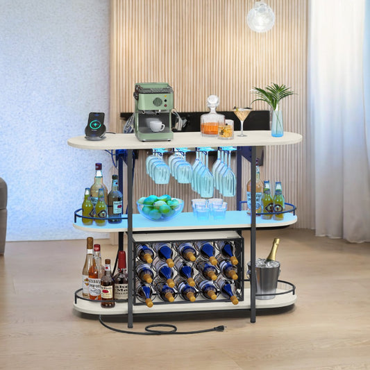 LED Home Bar Cabinet - Freestanding Mini Bar with Power Outlets, 15-Bottle Wine Rack & Glass Holder, Adjustable Shelves, Rustic White