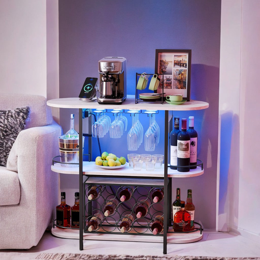 LED Home Bar Cabinet - Freestanding Mini Bar with Power Outlets, 15-Bottle Wine Rack & Glass Holder, Adjustable Shelves, Rustic White