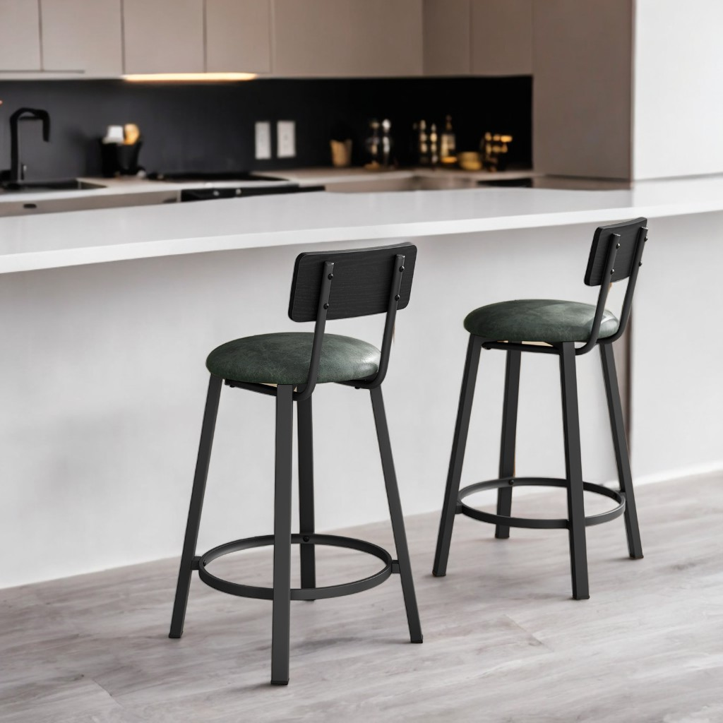 PU Upholstered Bar Stools Set of 2 - 29.7" Kitchen Counter Stools with Backrest & Footrest, Easy Assembly, Classic Black and Forest Green