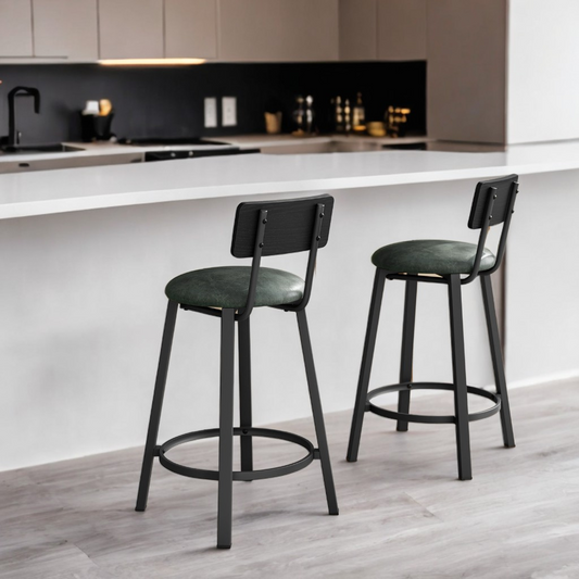PU Upholstered Bar Stools Set of 2 - 29.7" Kitchen Counter Stools with Backrest & Footrest, Easy Assembly, Classic Black and Forest Green
