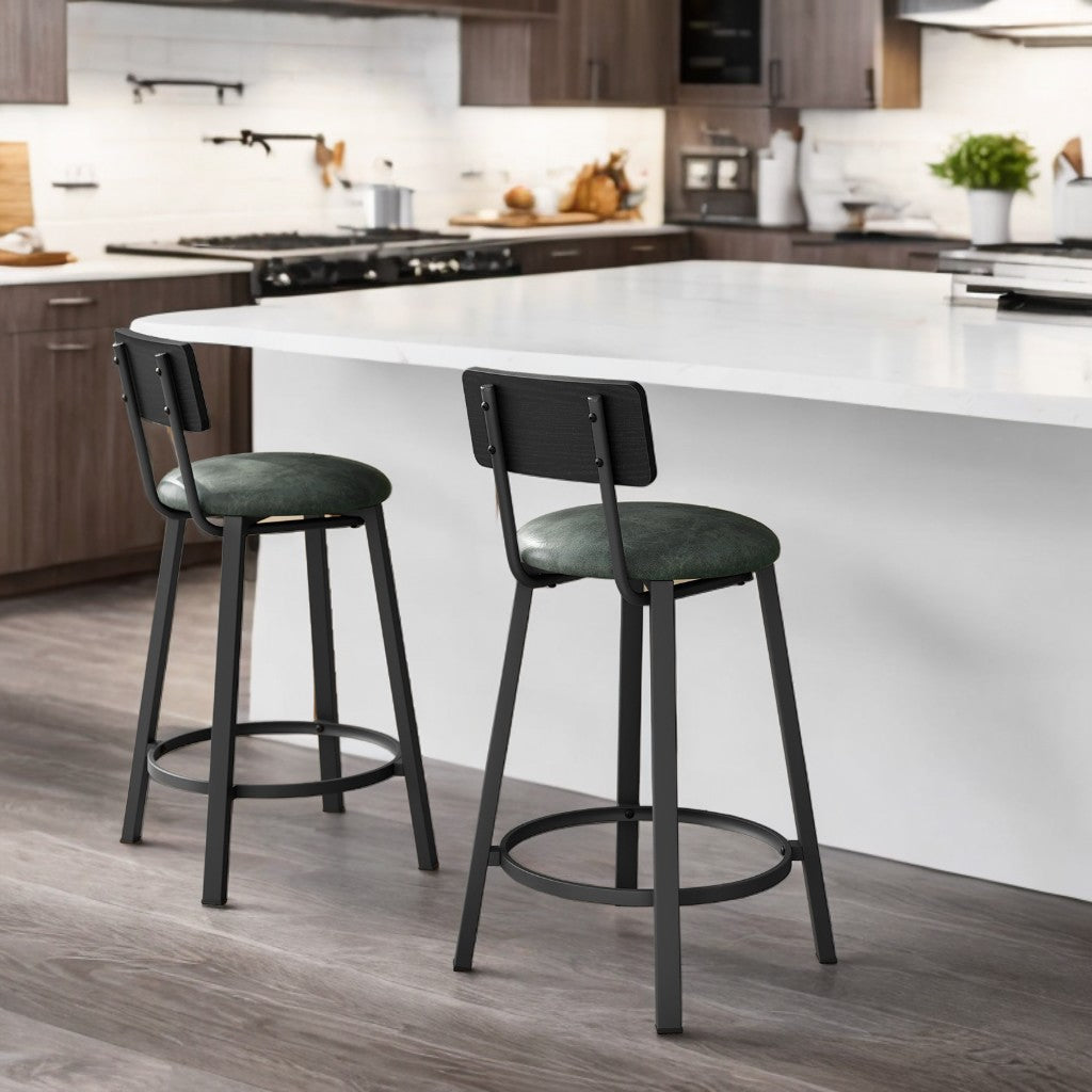 PU Upholstered Bar Stools Set of 2 - 29.7" Kitchen Counter Stools with Backrest & Footrest, Easy Assembly, Classic Black and Forest Green