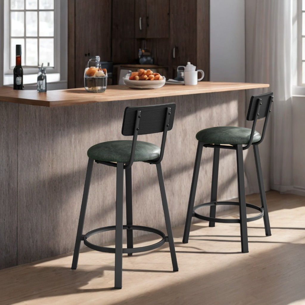 PU Upholstered Bar Stools Set of 2 - 29.7" Kitchen Counter Stools with Backrest & Footrest, Easy Assembly, Classic Black and Forest Green