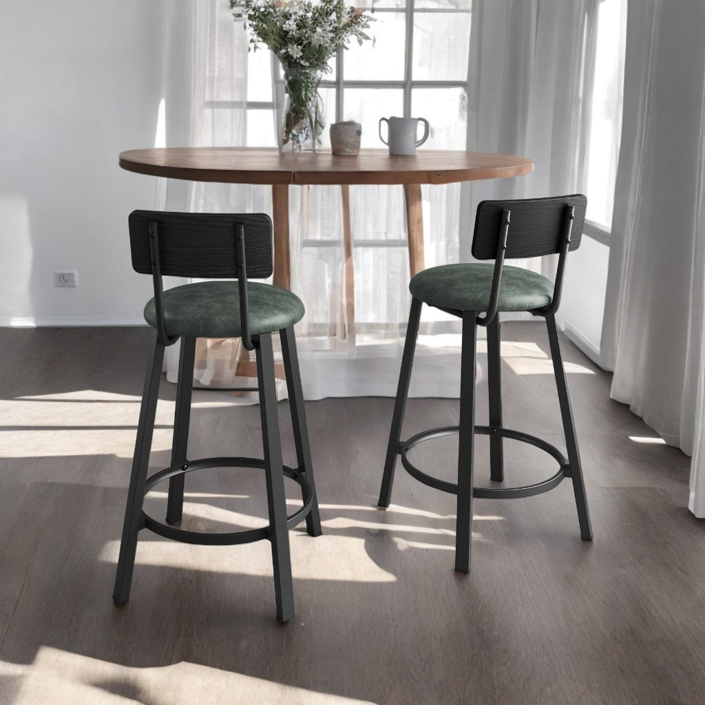 PU Upholstered Bar Stools Set of 2 - 29.7" Kitchen Counter Stools with Backrest & Footrest, Easy Assembly, Classic Black and Forest Green