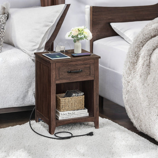 Farmhouse Nightstand with Charging Hub - Bedside Table with Drawer & Open Shelf, USB/AC Outlets, Premium MDF, Maroon Brown