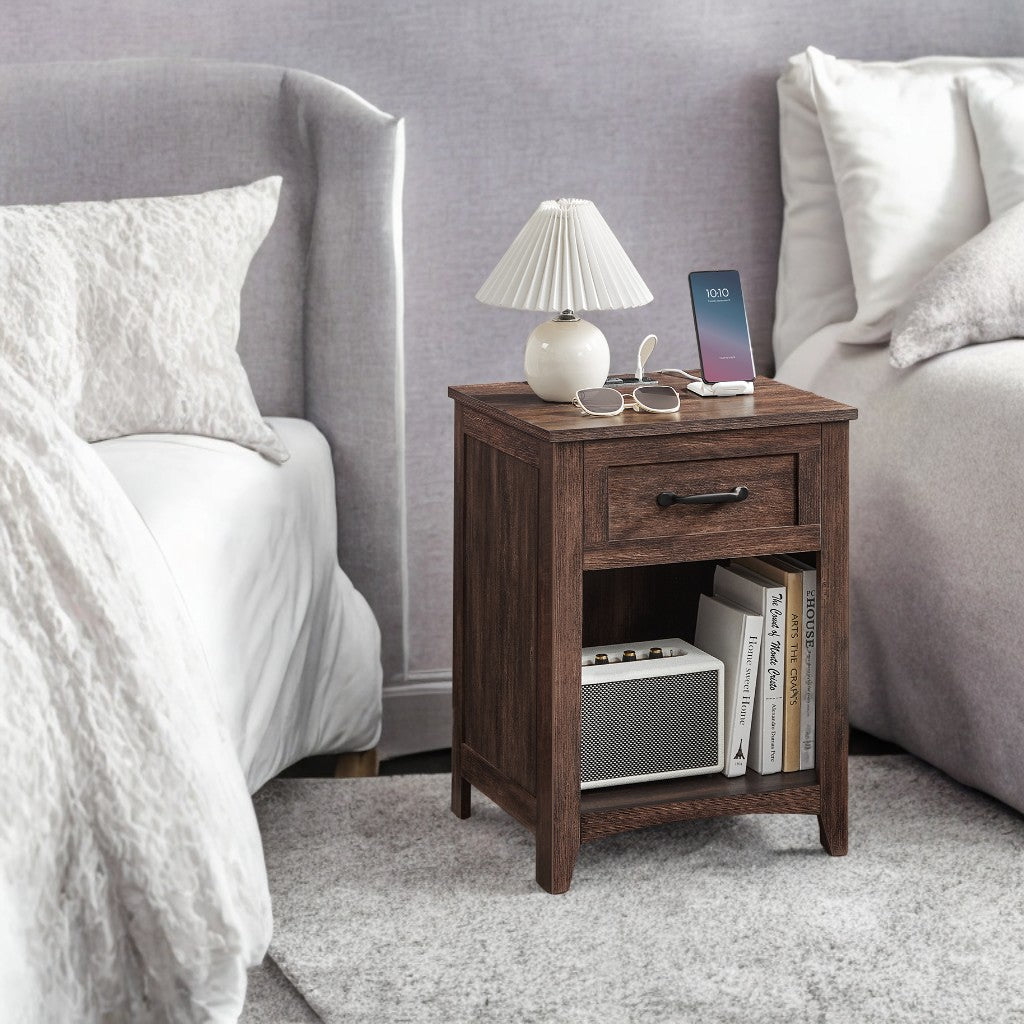 Farmhouse Nightstand with Charging Hub - Bedside Table with Drawer & Open Shelf, USB/AC Outlets, Premium MDF, Maroon Brown