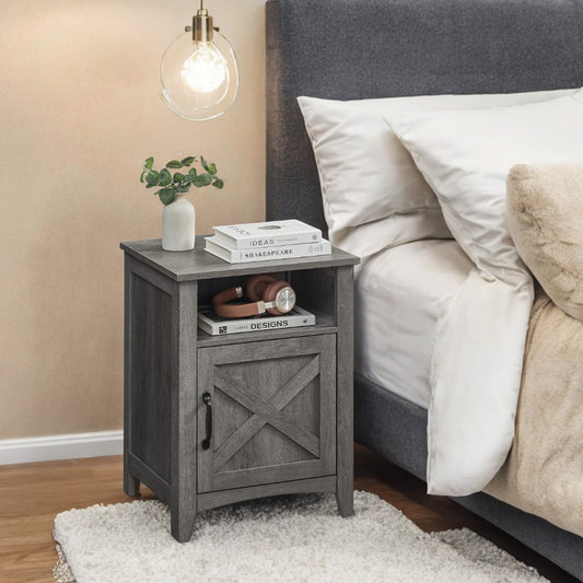 Farmhouse Nightstand with Reversible Barn Door - Bedside Table with Storage Shelf, Open Compartment, Premium MDF, Misty Gray