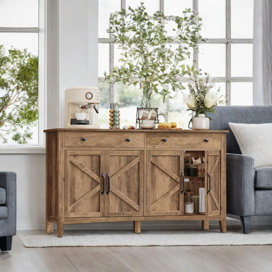 Farmhouse Buffet Cabinet - Coffee Bar with 2 Drawers, Adjustable Shelves & Cable Holes, Multipurpose Storage, Honey Brown