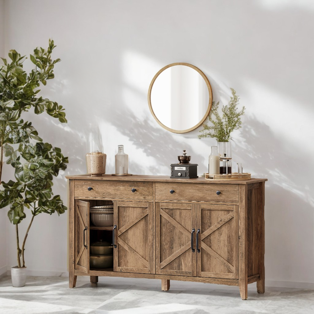 Farmhouse Buffet Cabinet - Coffee Bar with 2 Drawers, Adjustable Shelves & Cable Holes, Multipurpose Storage, Honey Brown