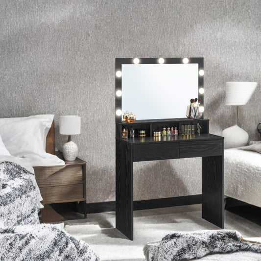 LED Vanity Desk with Mirror - Adjustable Brightness, 2 Drawers & 3 Compartments, Makeup Table with Anti-Tip Kit, Ebony Black