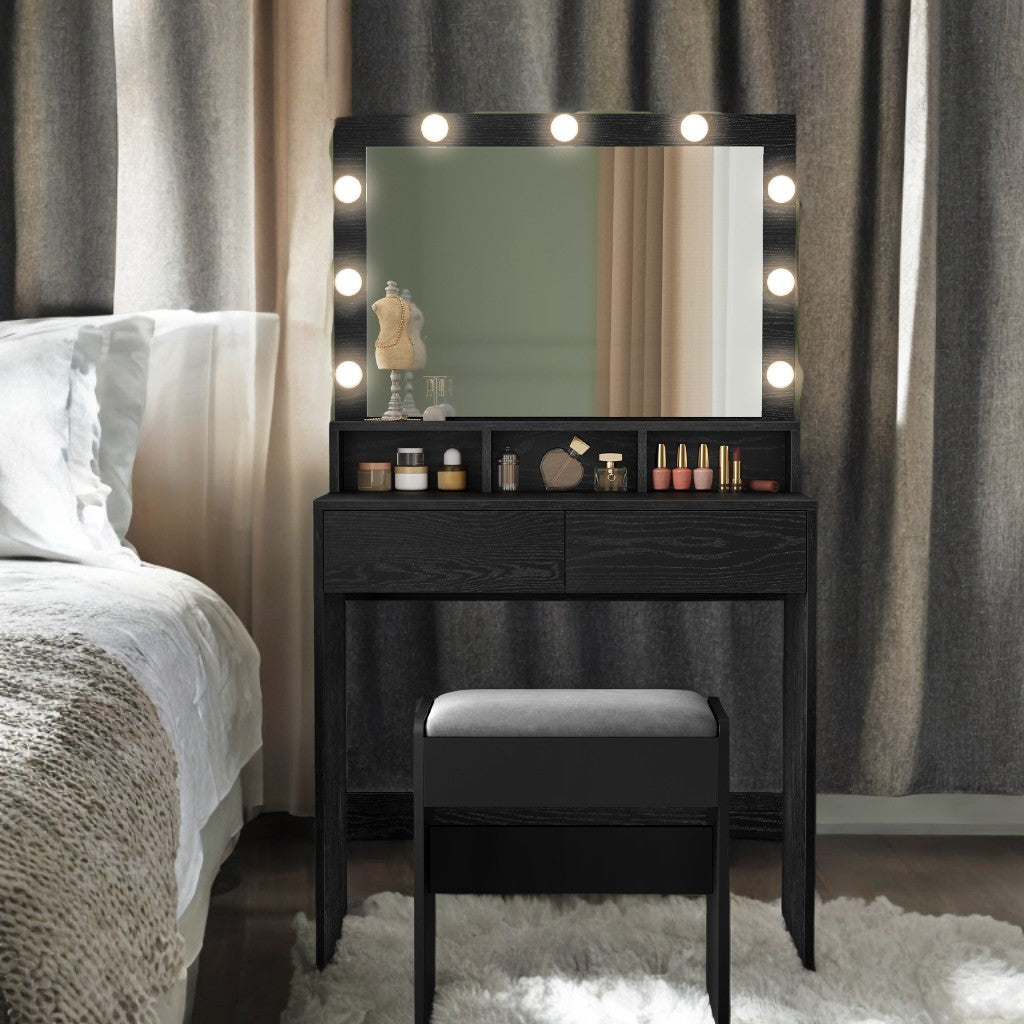 LED Vanity Desk with Mirror - Adjustable Brightness, 2 Drawers & 3 Compartments, Makeup Table with Anti-Tip Kit, Ebony Black