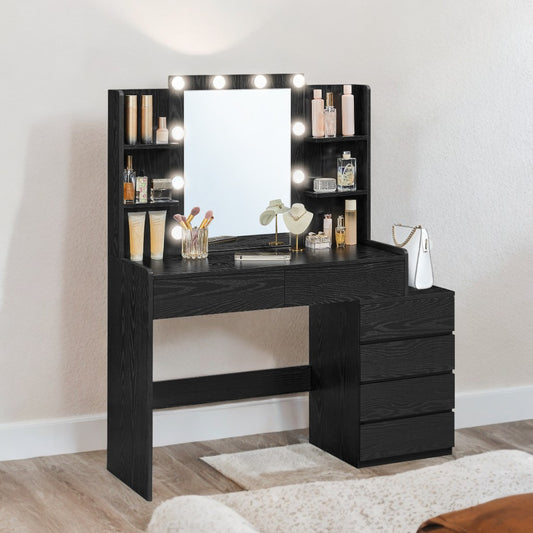 Modern LED Vanity Desk with Mirror - 6 Drawers & 4 Open Shelves, Dimmable Lights (10 Bulbs), Sturdy Particleboard, Easy Assembly, Ebony Black