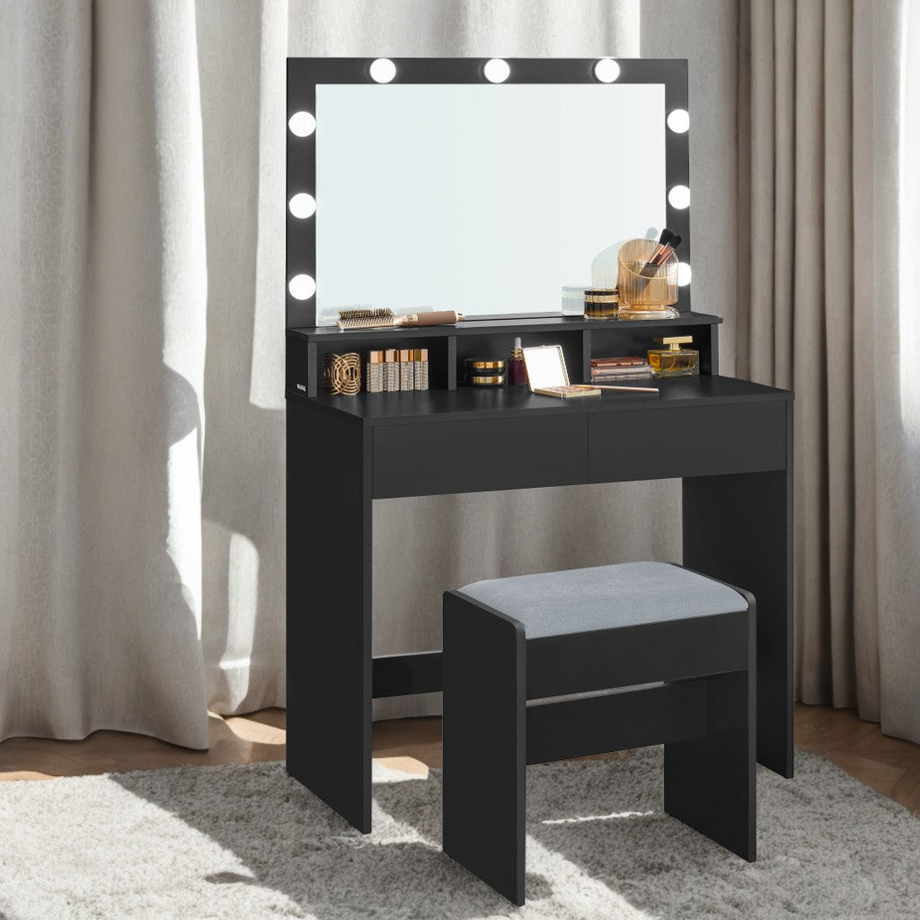 Modern Makeup Vanity Desk with 9 Dimmable LED Lights, Storage Drawers & Stool, for Bedroom & Dressing Room, Ink Black