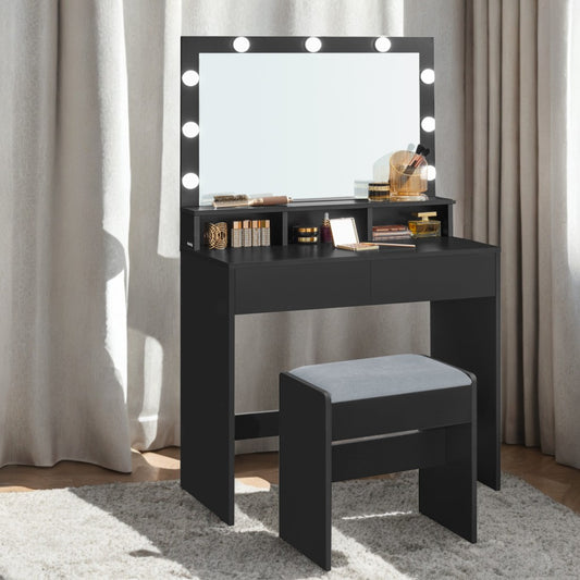 Modern Makeup Vanity Desk with 9 Dimmable LED Lights, Storage Drawers & Stool, for Bedroom & Dressing Room, Ink Black