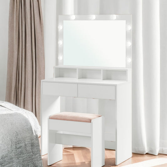 Modern Makeup Vanity Set with 9 Dimmable LED Mirror, 2 Drawers & Velvet Stool, Beauty Storage Organizer for Bedroom, Cloud White