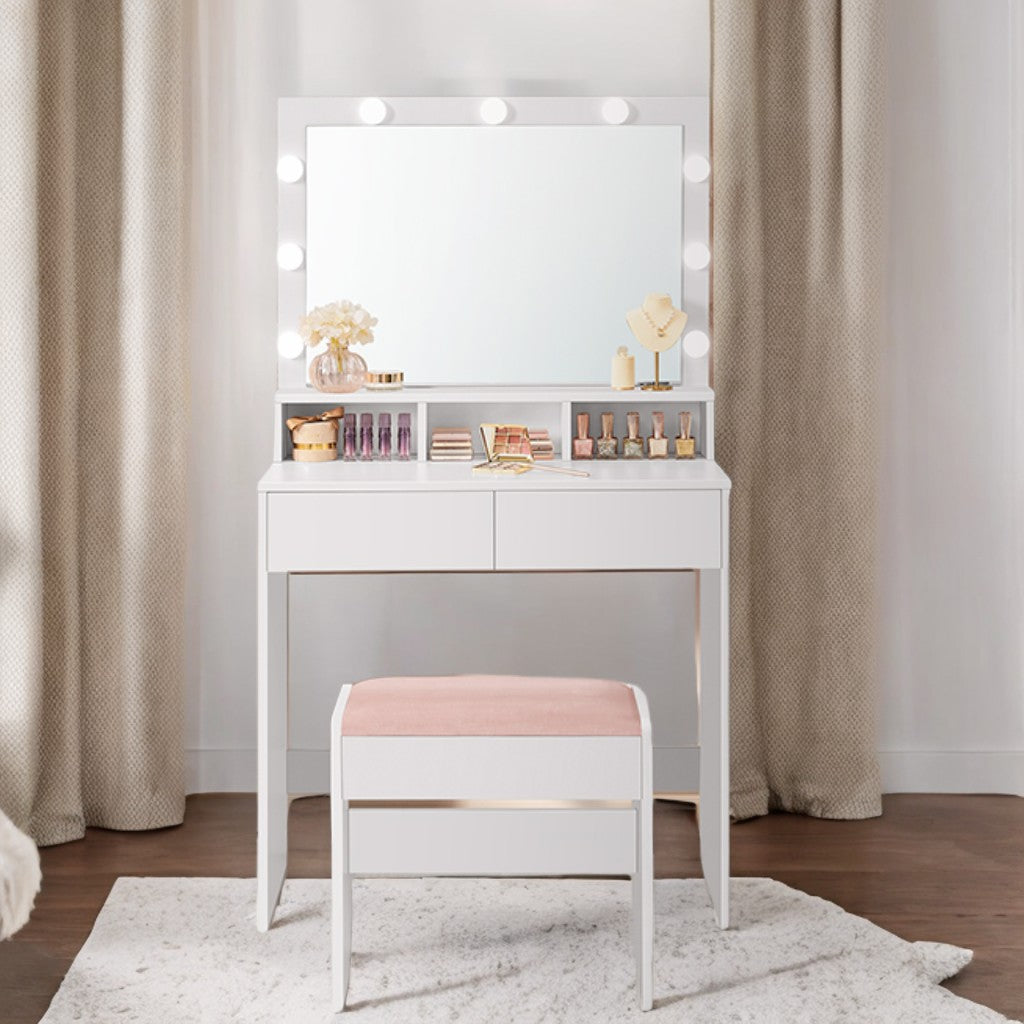Modern Makeup Vanity Set with 9 Dimmable LED Mirror, 2 Drawers & Velvet Stool, Beauty Storage Organizer for Bedroom, Cloud White