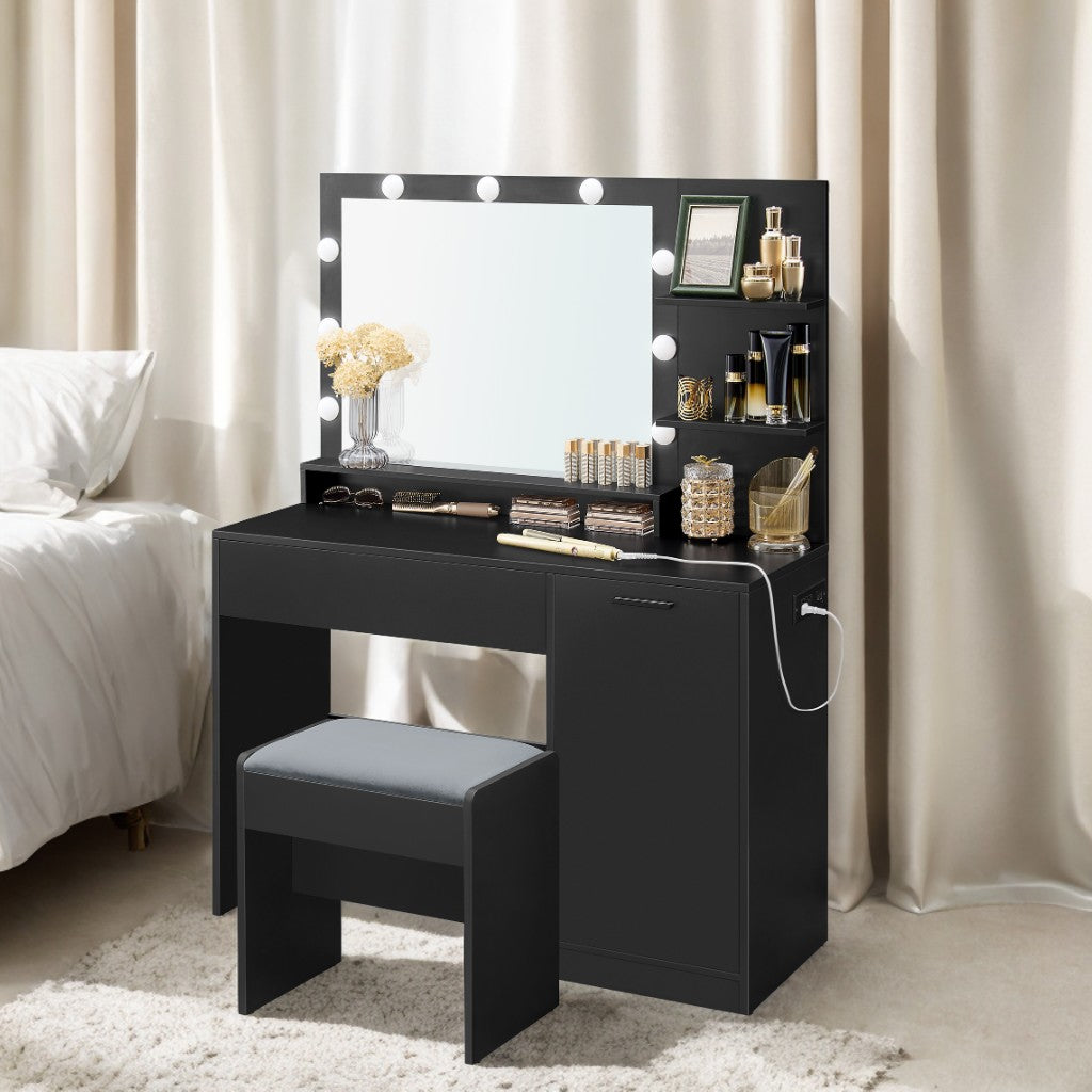 43.3" Modern Makeup Vanity Set with LED Mirror & Power Hub, Storage Drawer & Velvet Stool, for Bedroom, Ink Black