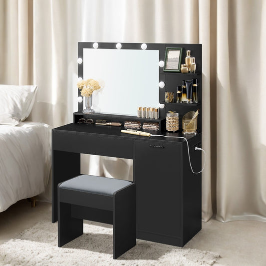 43.3" Modern Makeup Vanity Set with LED Mirror & Power Hub, Storage Drawer & Velvet Stool, for Bedroom, Ink Black