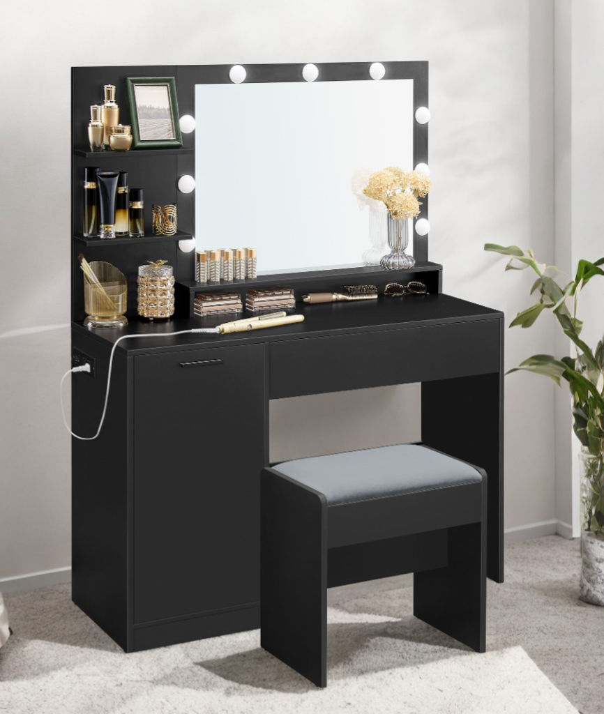 43.3" Modern Makeup Vanity Set with LED Mirror & Power Hub, Storage Drawer & Velvet Stool, for Bedroom, Ink Black