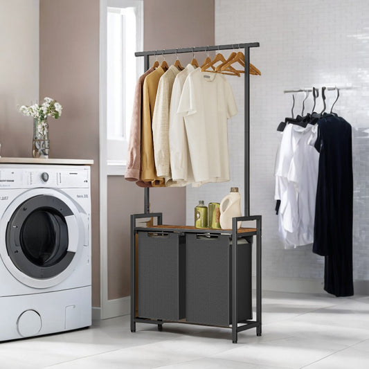 2-Section Laundry Station with Clothes Rack & Shelf, 24.2 Gallon Capacity, Removable Baskets, Steel Frame, Rustic Brown and Black