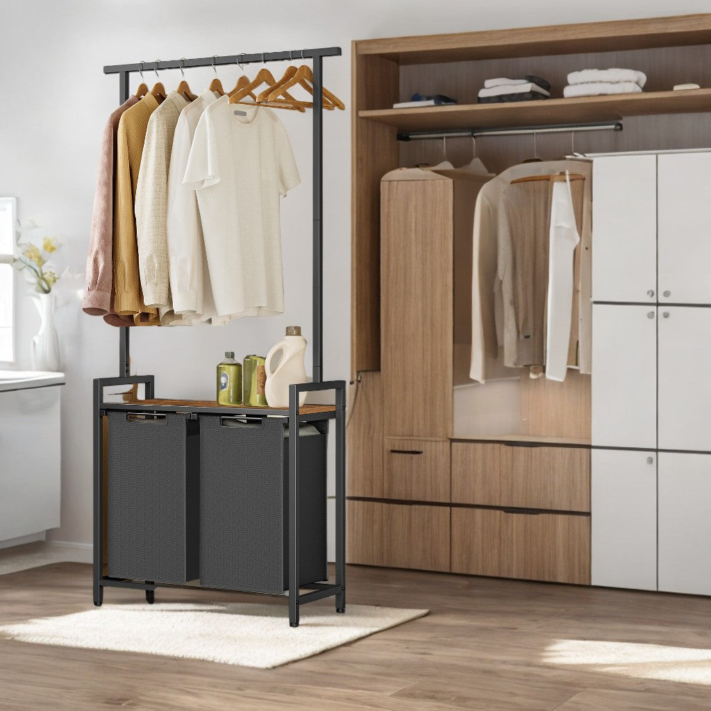 2-Section Laundry Station with Clothes Rack & Shelf, 24.2 Gallon Capacity, Removable Baskets, Steel Frame, Rustic Brown and Black