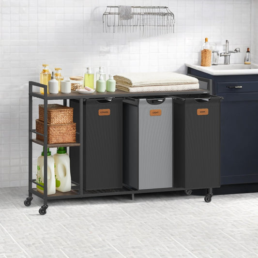 3-Bin Rolling Laundry Sorter, 39.6 Gallon Capacity with Shelves & Labels, Mobile Storage Cart, Chestnut Brown, Ink Black and Dove Gray