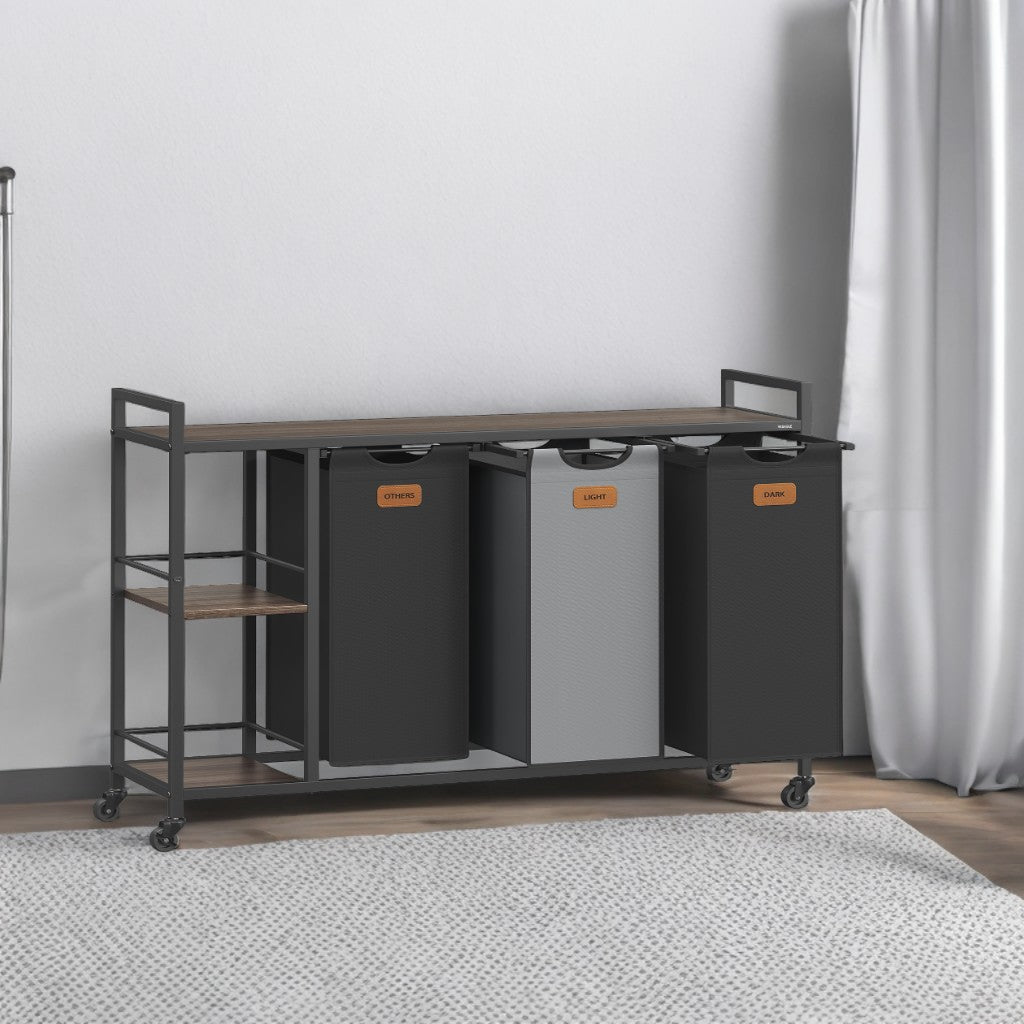 3-Bin Rolling Laundry Sorter, 39.6 Gallon Capacity with Shelves & Labels, Mobile Storage Cart, Chestnut Brown, Ink Black and Dove Gray